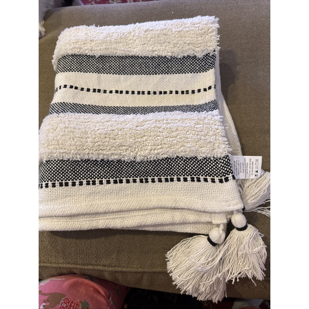 Cream Black Boho Throw Blanket With Tassels On Corners 64"x50" (TD) - Picture 2 of 4